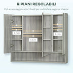 4 Section Mirror Cabinet with Adjustable Shelves, Wood and Glass, 90x15x75 cm, Grey
