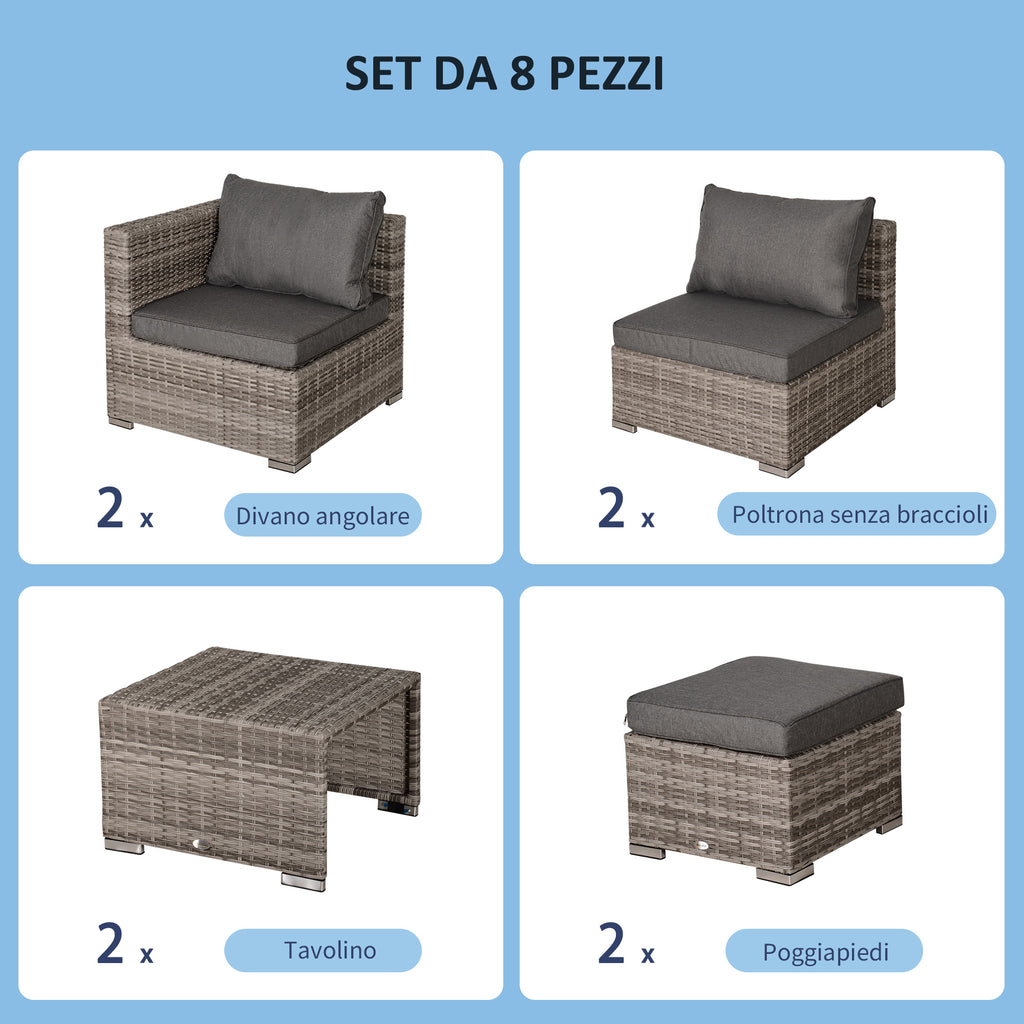8-Piece PE Rattan Outdoor Lounge Set, Space-Saving Garden Furniture Set with Armchairs, Coffee Tables and Stools, Grey