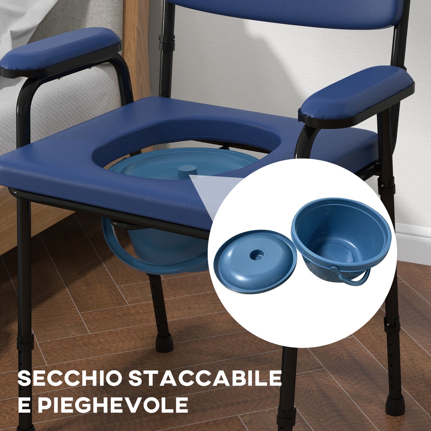 5 in 1 Comfortable Chair for the Elderly and Disabled for WC and Shower, Adjustable Height and Removable Bucket, Blue