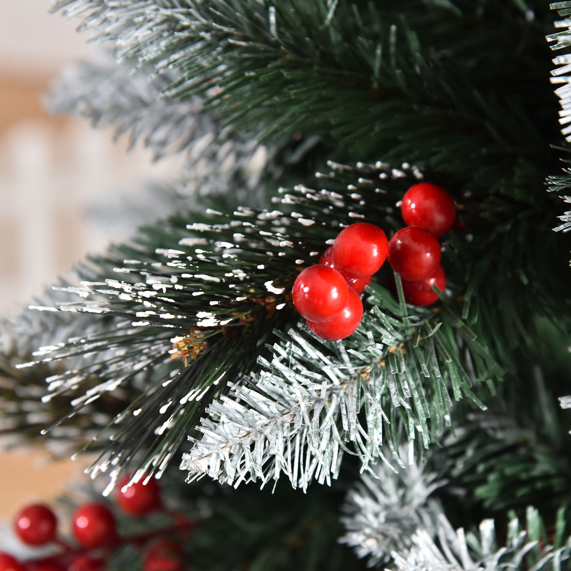 Snowy Christmas Tree with Red Berries, Removable and Foldable Base, 539 Branches, Φ70x180cm, Green