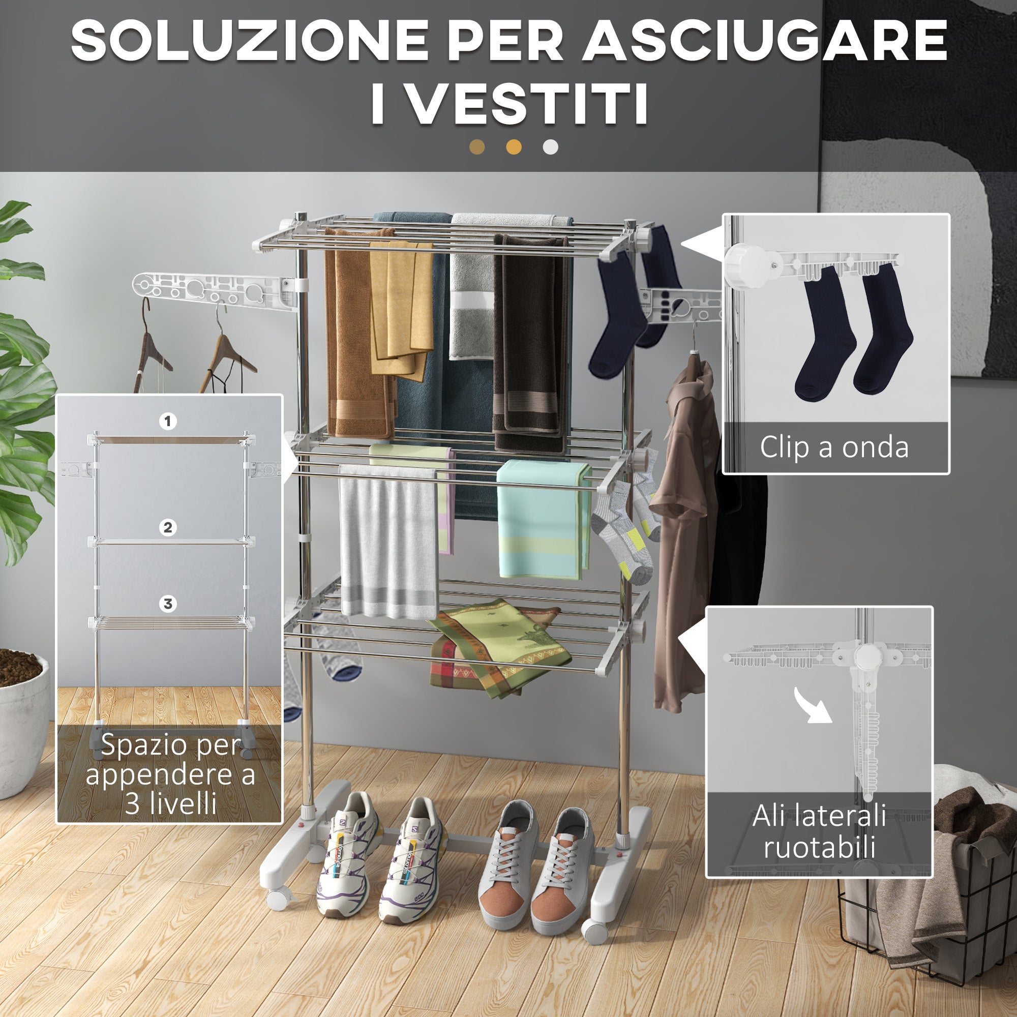 Folding Vertical Clothes Drying Rack in Steel and Plastic with 6 Wheels and 3 Adjustable Shelves, 142x55x172 cm