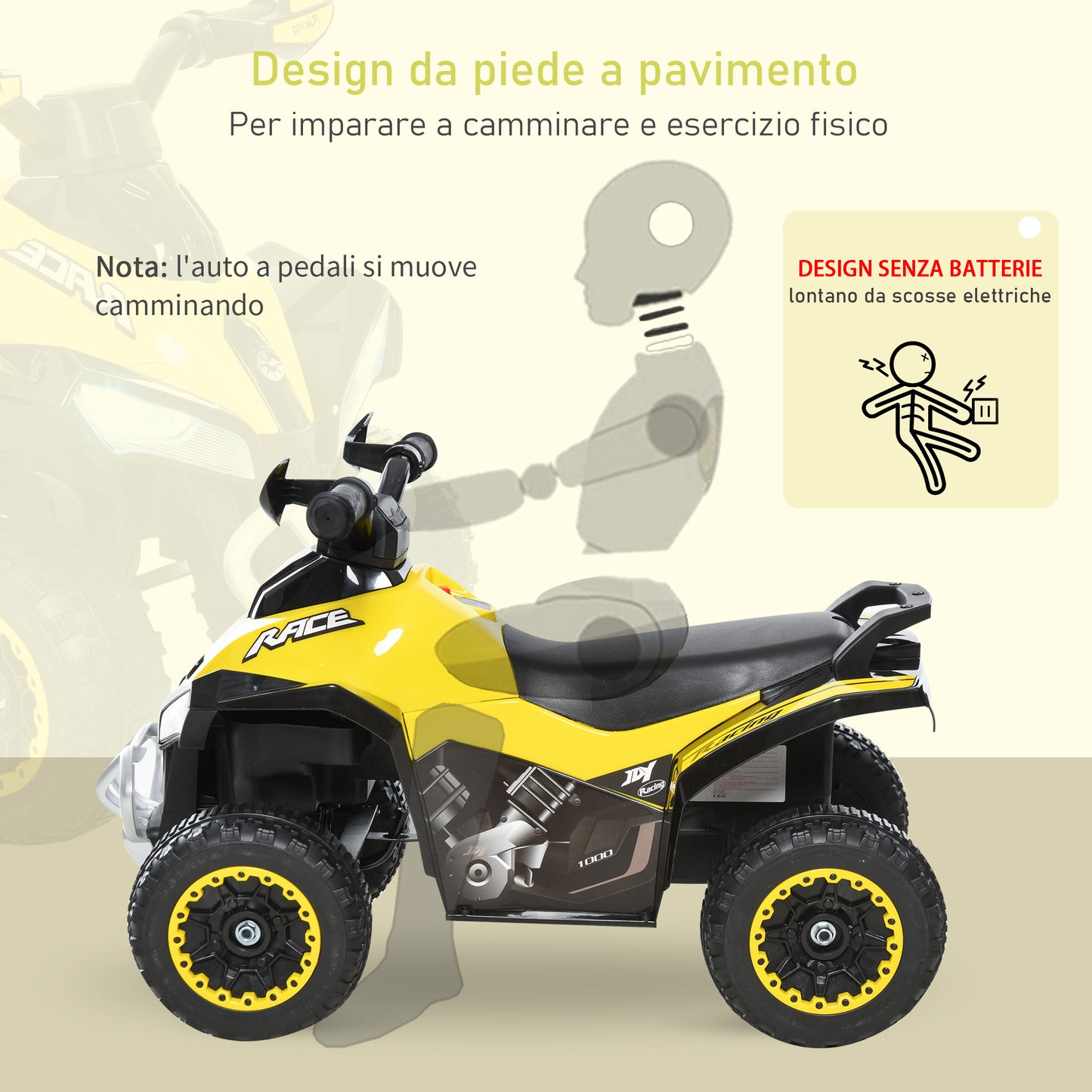 HOMCOM Quad for Children 18-36 Months Manually Pushed with Integrated Wheels, in PP and Metal, 44x67.5x38 cm, Yellow