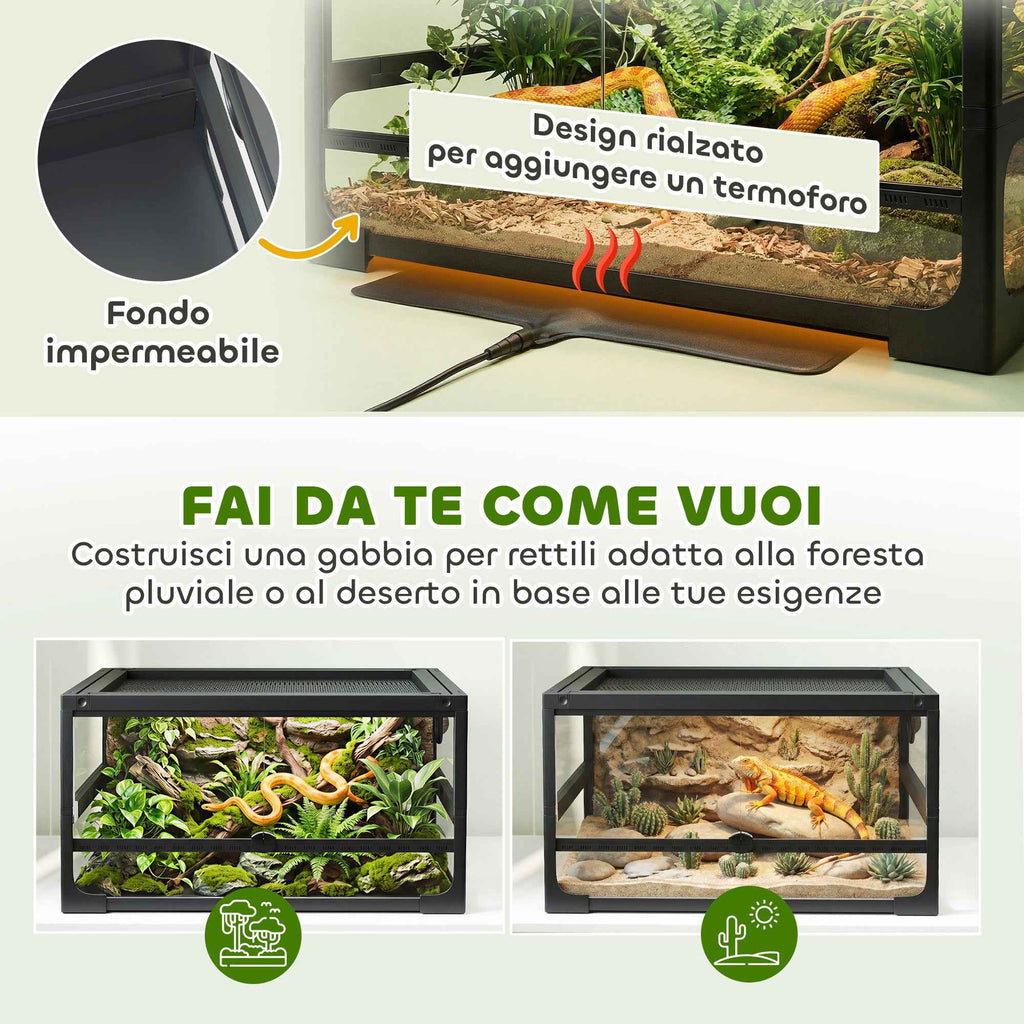 PawHut Raised and Foldable Reptile House with Tempered Glass and Plastic Lid and Walls, 60x45x32 cm, Black