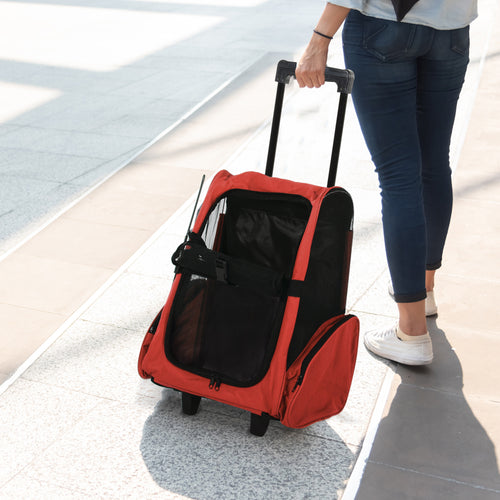 2-in-1 Pet Carrier Backpack for Dogs and Cats with Side Pockets, Telescopic Handle and Wheels, 42x25x55cm, Red