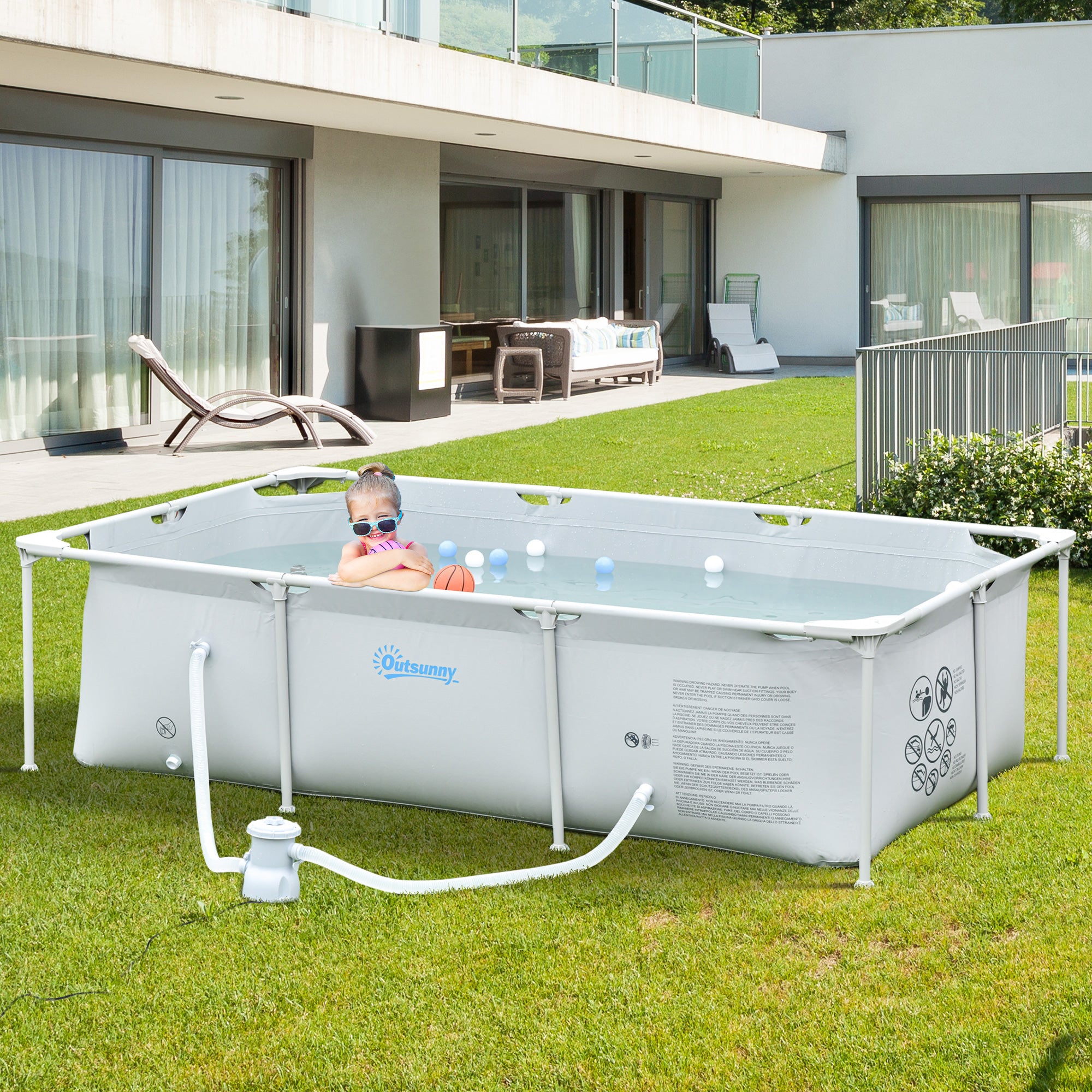 Freestanding Above Ground Pool, Rectangular Rigid Pool with Filter and Valve in Steel and PVC, Grey, 252x152x65cm