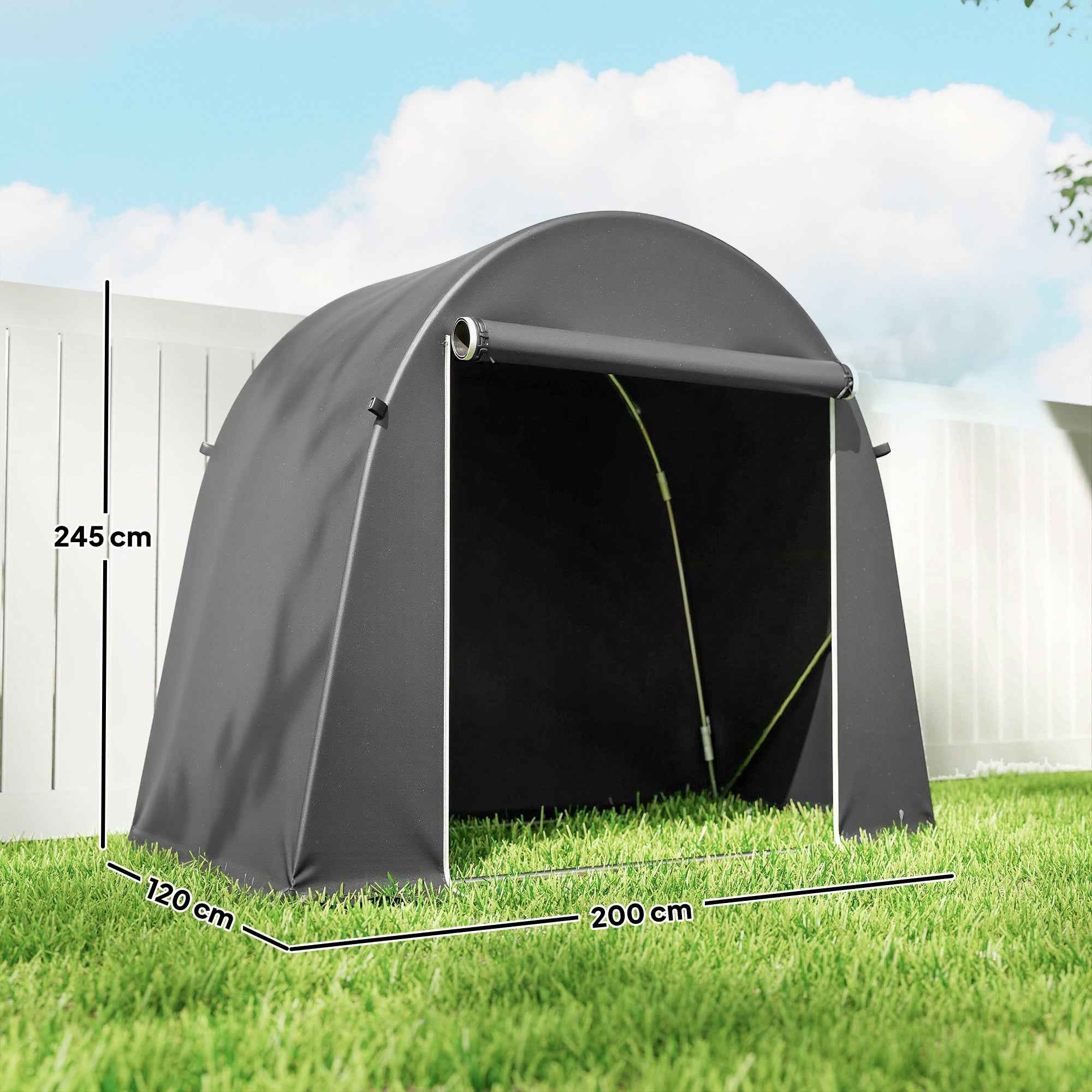 Outsunny Bike and Tool Storage Tent with Zippered Entrance, PE and Metal, 245x120x200 cm, Dark Grey