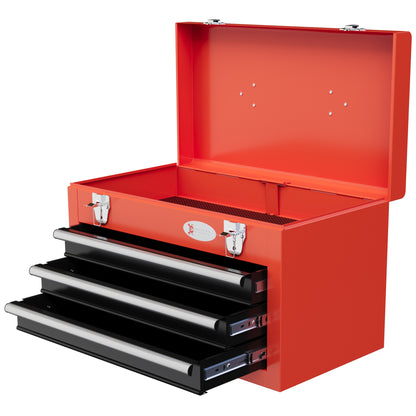 DURHAND Tool Box with 3 Drawers and Upper Compartment in Steel with Handle, 45x24x27cm, Red