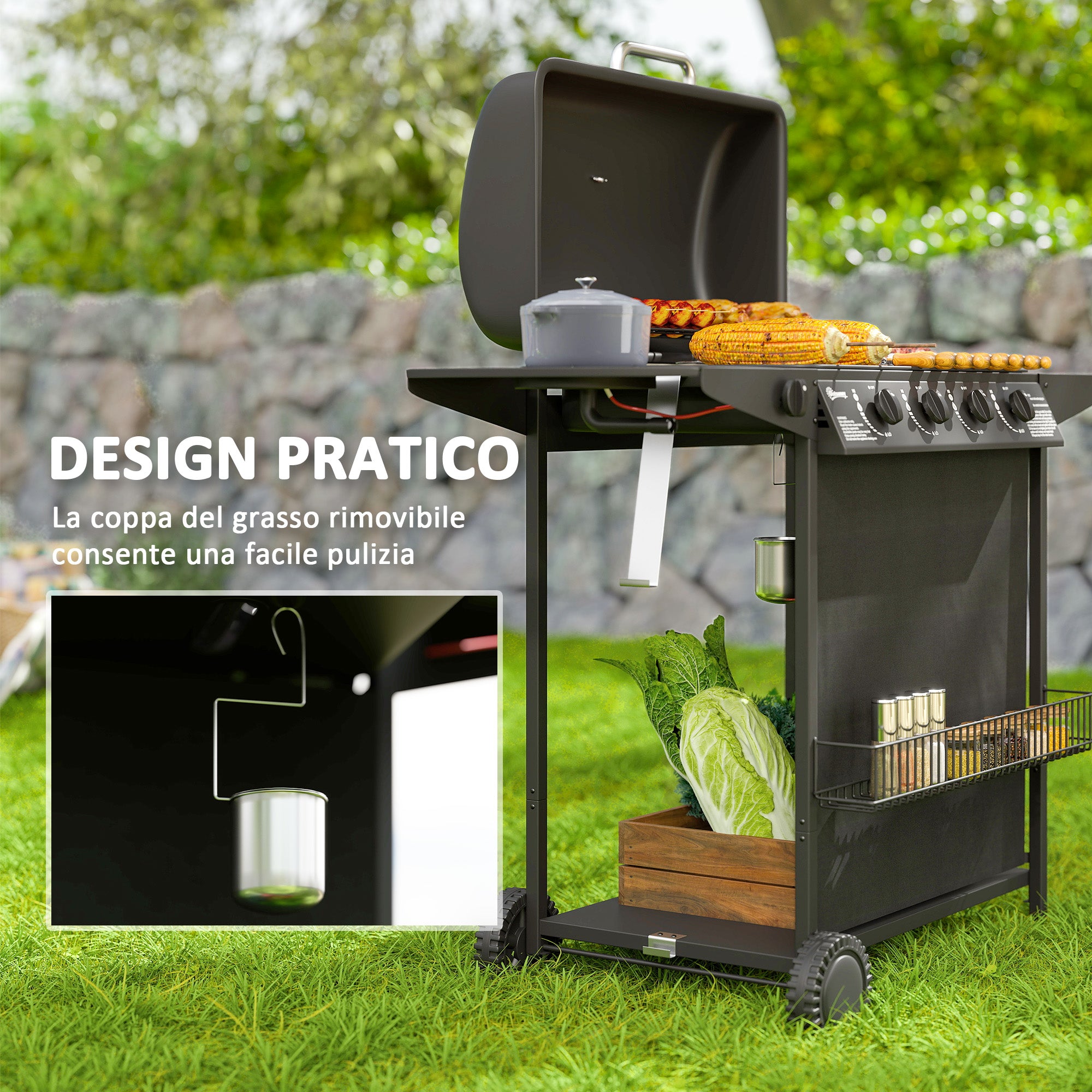 Gas Barbecue with 4+1 Independent Burners and Lid with Thermometer, 121x54x97 cm, Black
