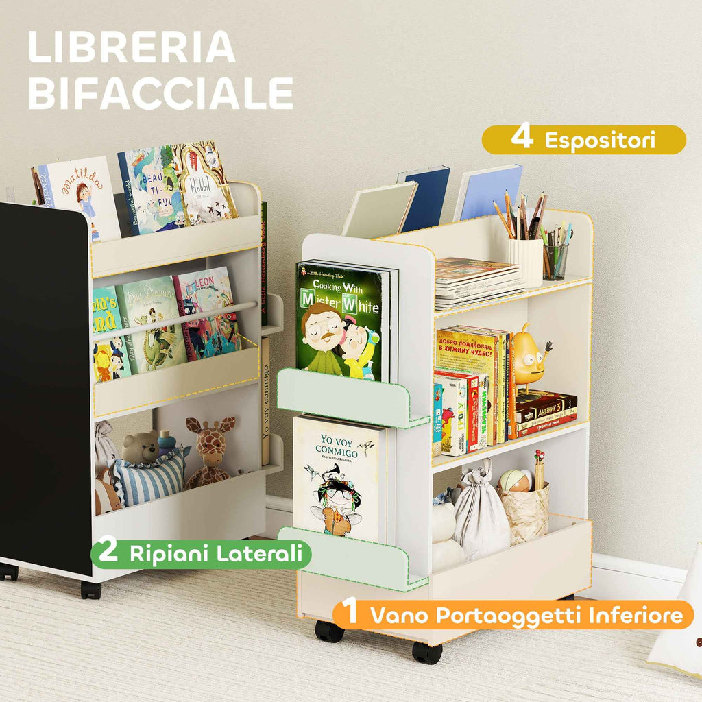 AIYAPLAY Double-Sided Bookcase for Children Ages 3-8, Toy Storage Rack with Wheels and Blackboard, White