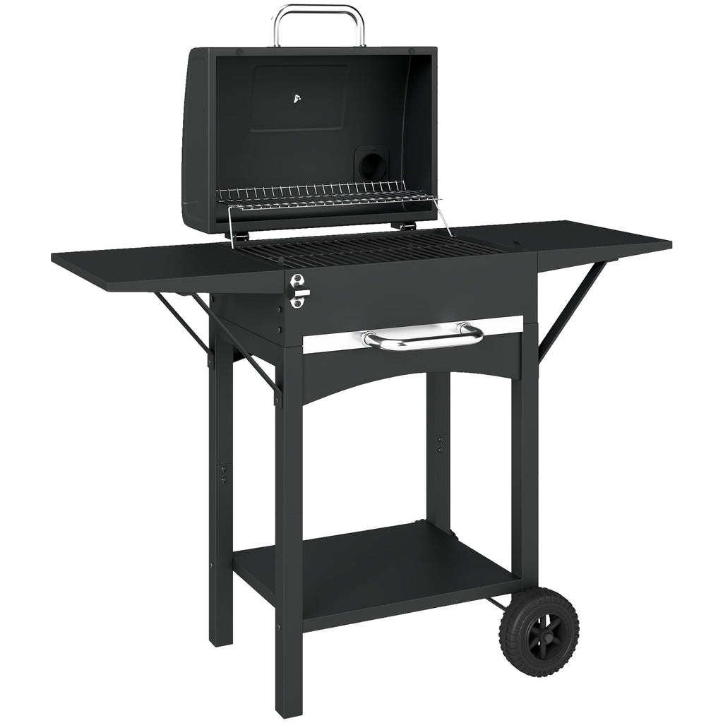 Outsunny Charcoal Barbecue with 2 Side Shelves, Thermometer, Lid and Wheels, 110x46.5x101 cm, Black