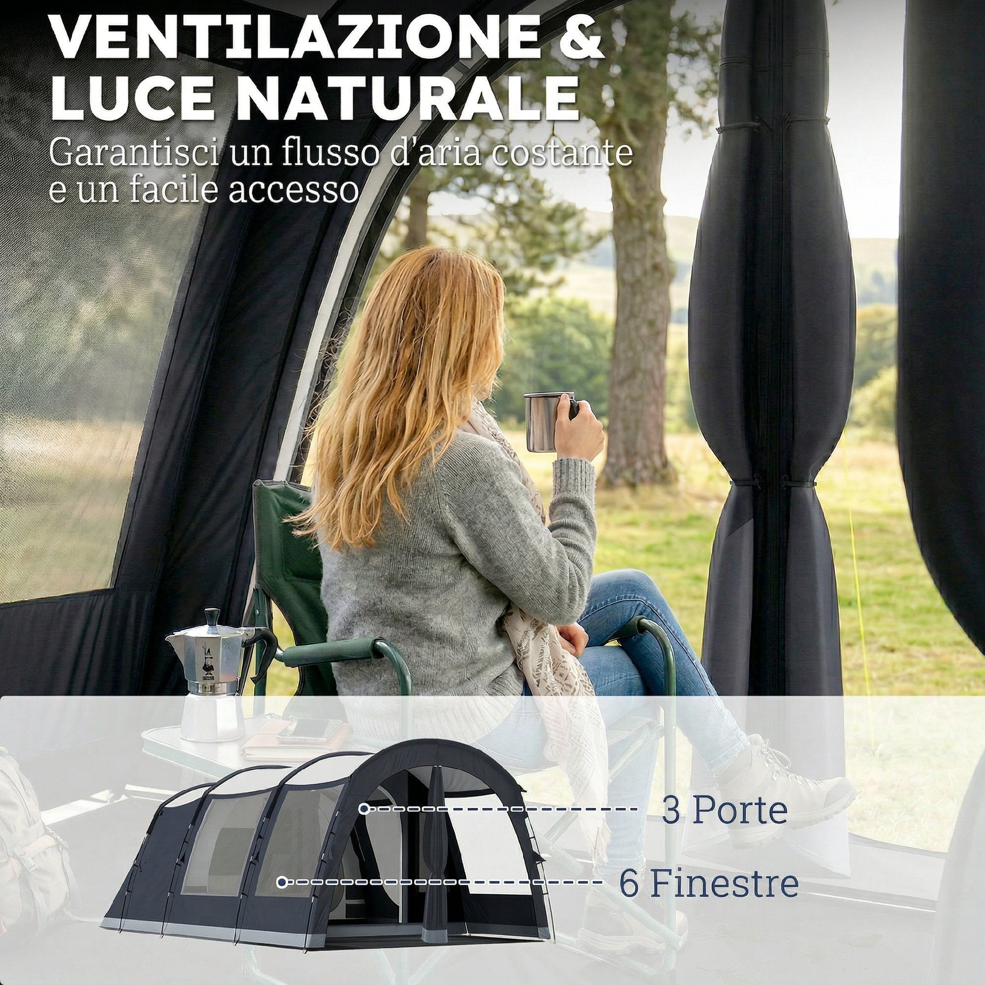 Outsunny 2-4 Person Tunnel Tent, 210cm High, 2 Rooms, 3000mm Waterproof, 540x320x210cm, Navy Blue