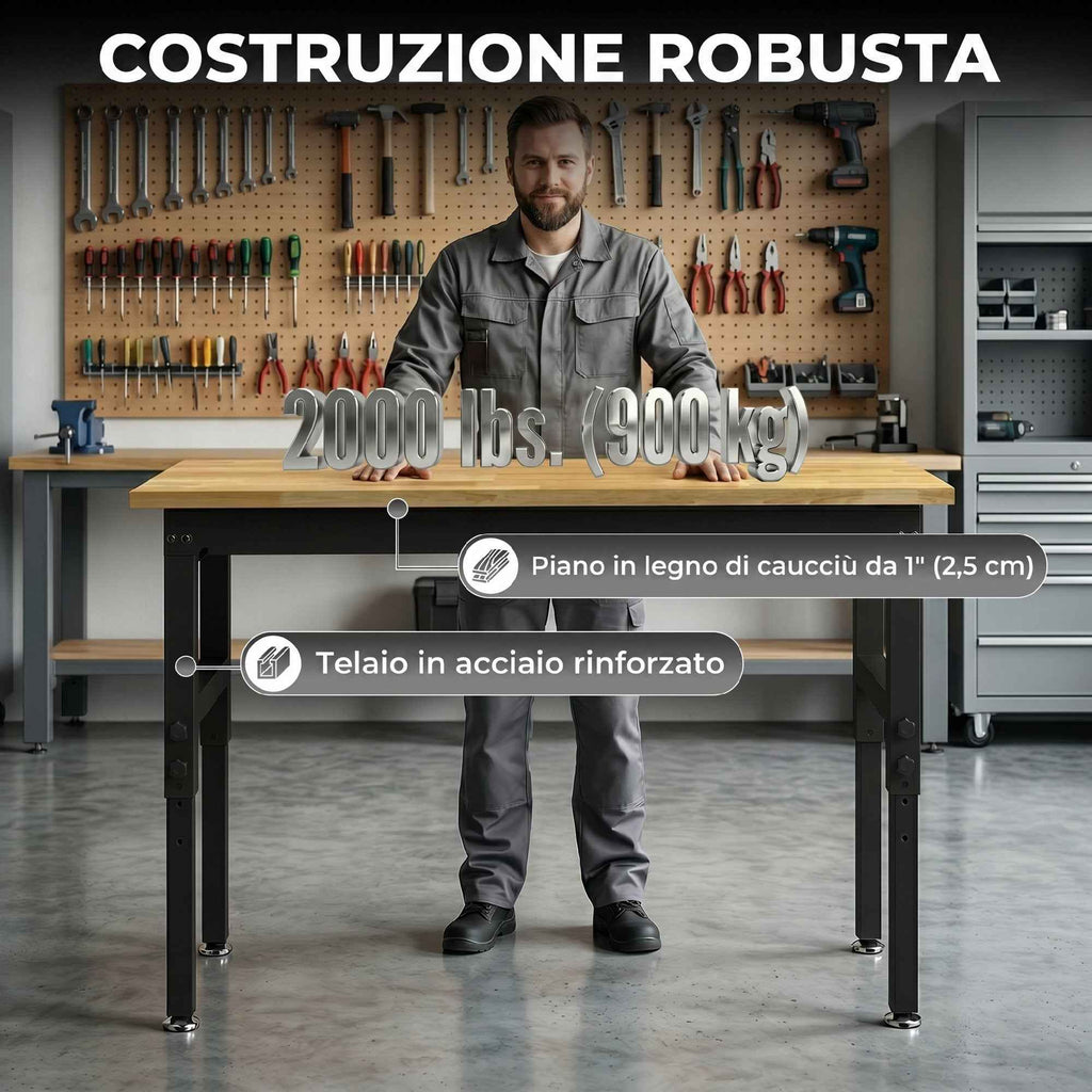 HOMCOM Height-Adjustable Wood and Steel Workbench, 2 AC Outlets, 900 kg Capacity, Wood and Black Color