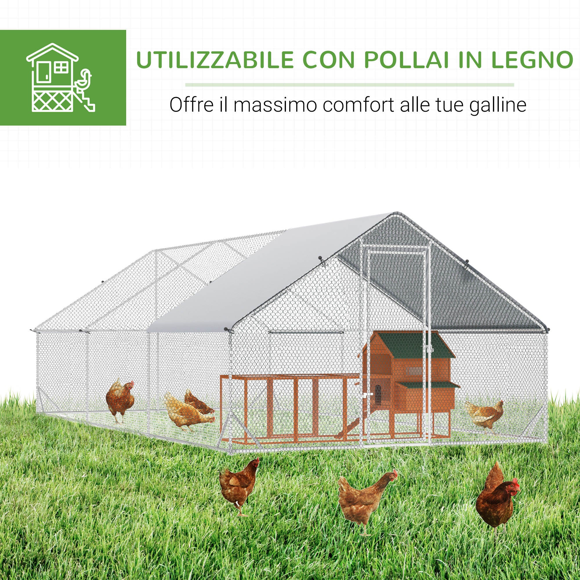 Garden Chicken Coop with Galvanized Frame, Waterproof Cover and Hexagonal Mesh, 3x6x2m, Silver