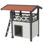PawHut Outdoor Cat House with Terrace and Wooden Ladder, 77x50x73cm, White and Gray - Borgè
