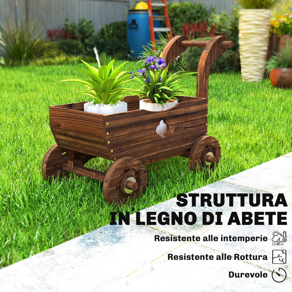 Outsunny Wooden Cart Planter with 4 Wheels, Handle and Drainage Holes, 68x38x52 cm, Wood