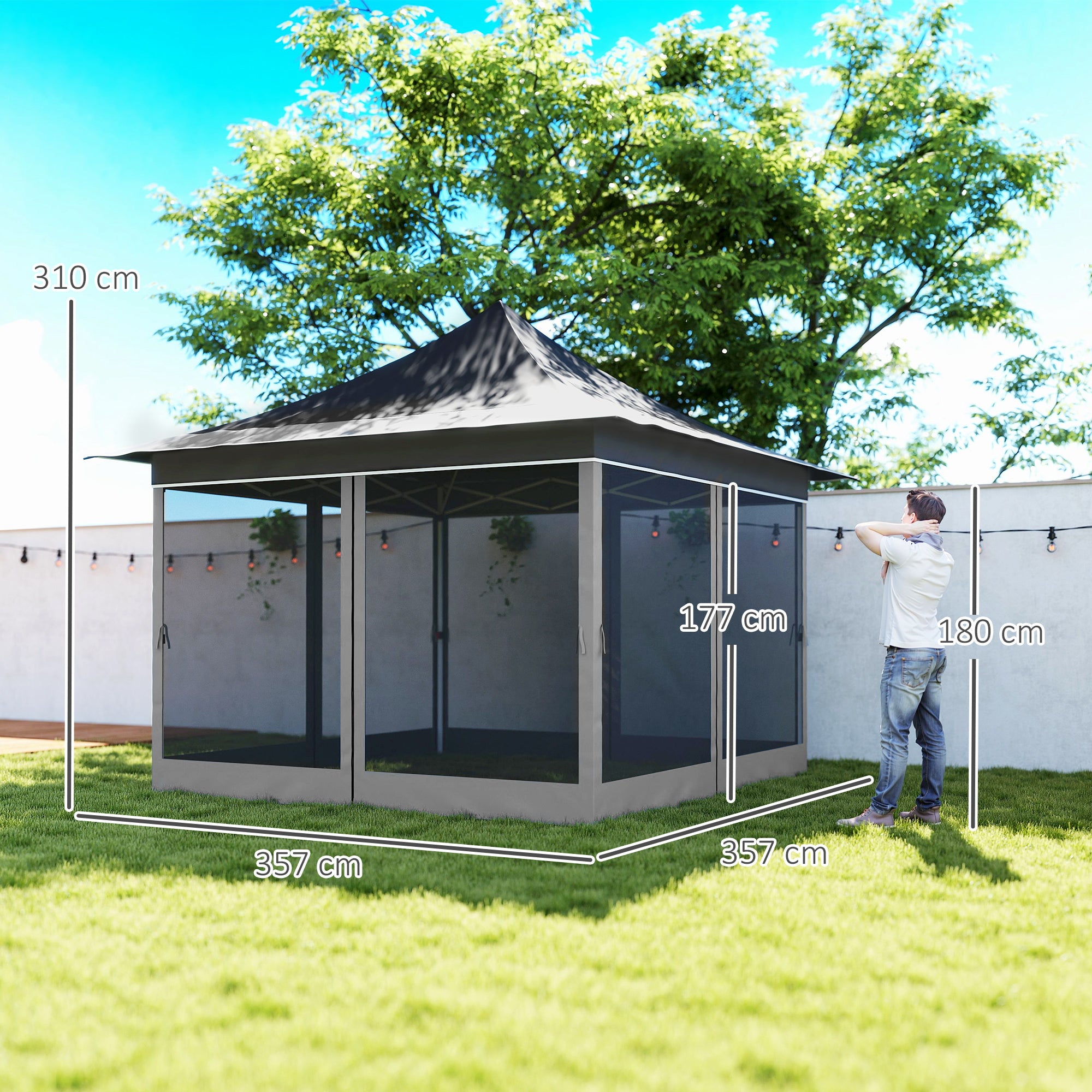 Garden Gazebo with Adjustable Height with Mosquito Net, in Polyester and Metal, 357x357x310 cm, Dark Gray