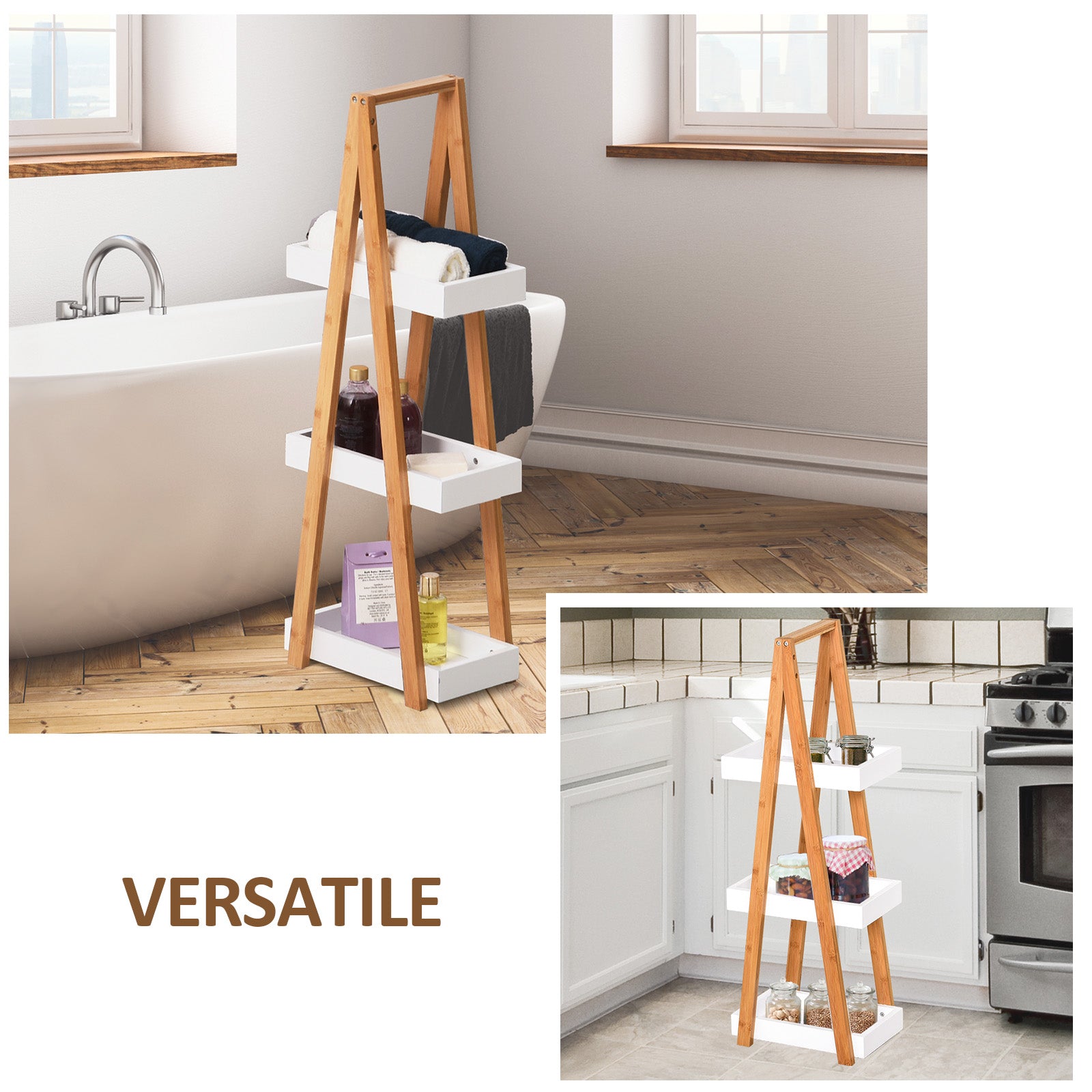 3 Tier Bathroom Shelf in MDF and Bamboo, 30x18x81cm, Wood and Grey Color