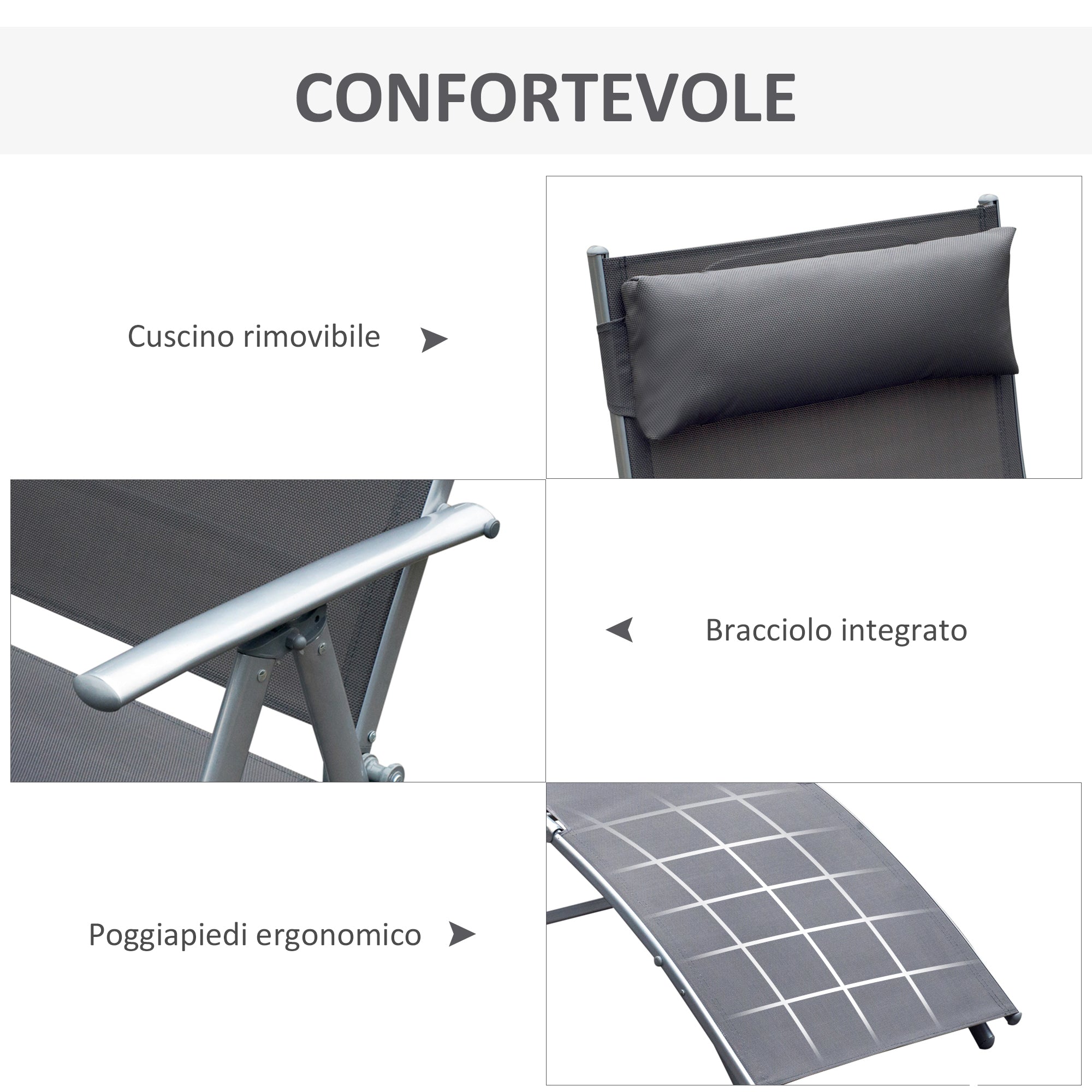 Outsunny Folding Garden Lounger with Cushion, 7-Reclining Backrest, 137x63.5x100.5cm, Grey