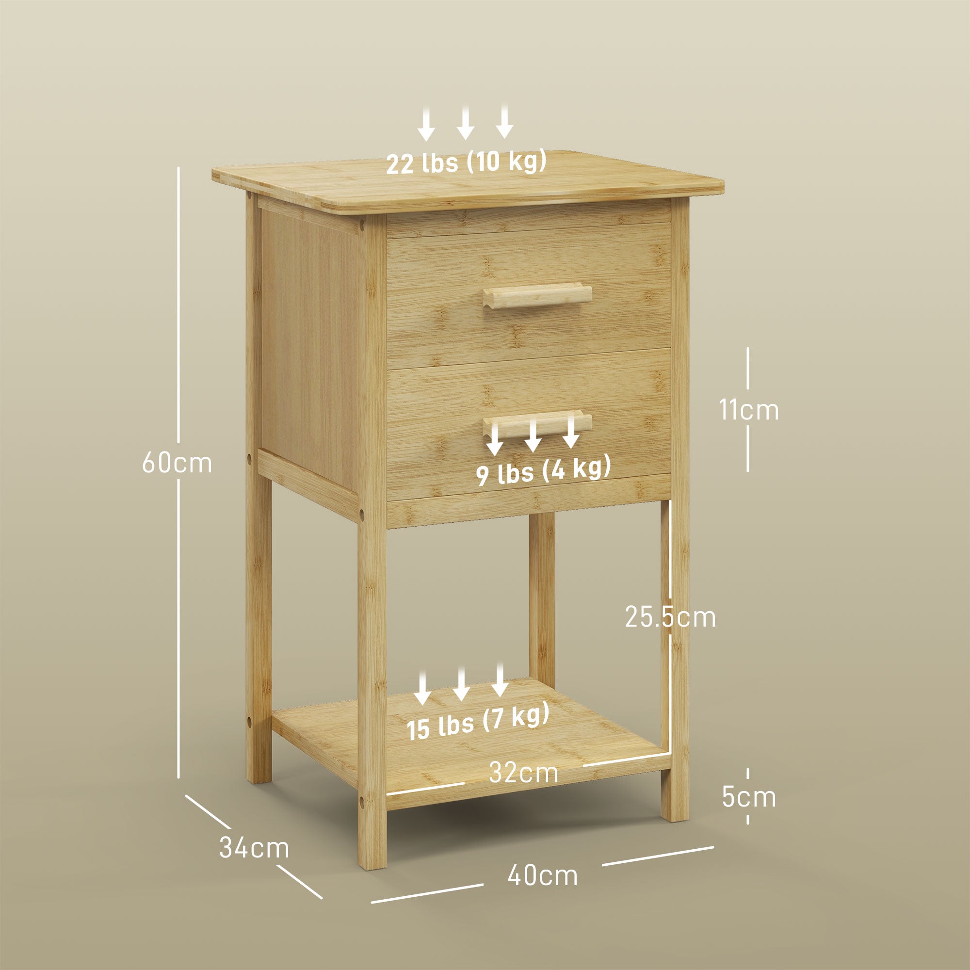 HOMCOM Set of 2 Bedside Tables with 2 Drawers and Lower Shelf in Nordic Style, in Bamboo, 40x34x60 cm - Borgè