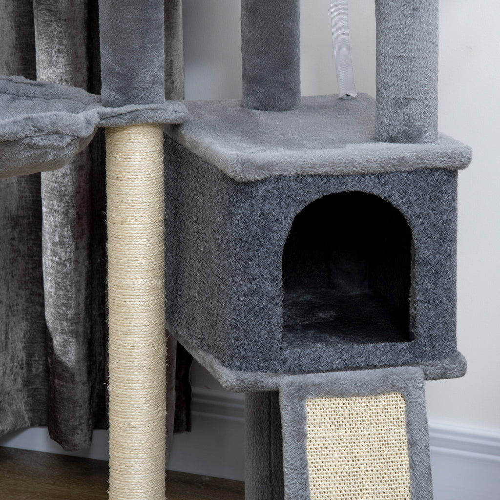 PawHut Cat Tree, 127 cm Tall, with Sisal Scratching Posts, Ramp, Basket, Kennel, Hammock, Grey