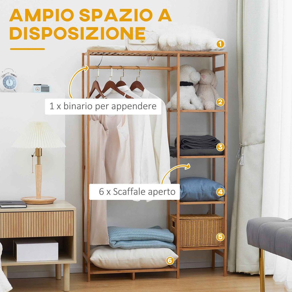 HOMCOM Bamboo Coat Rack with 6-Tier Shelf and Coat Hook, 90x30x145 cm, Natural Wood