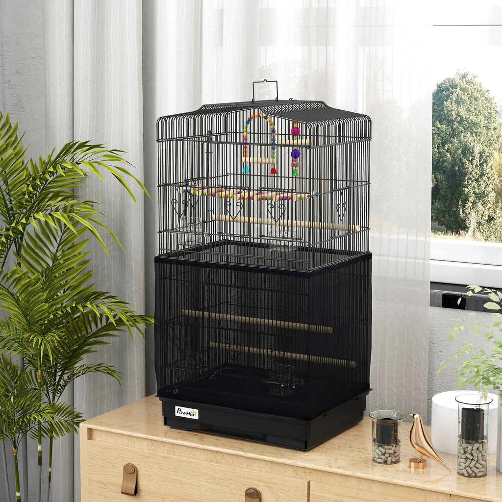PawHut Bird Cage with Handle, Removable Tray, Wooden Perches, Swing and Bowls, 46.5x35.5x92cm, Black