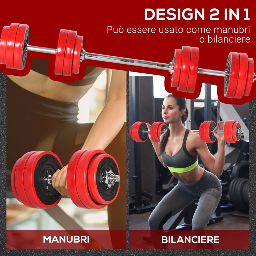 2-in-1 Barbell and Dumbbell Set, 30kg Weights, Discs with Scratch-Resistant Plastic Coating, Red and Black