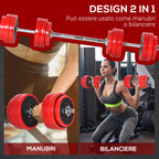 2-in-1 Barbell and Dumbbell Set, 30kg Weights, Discs with Scratch-Resistant Plastic Coating, Red and Black