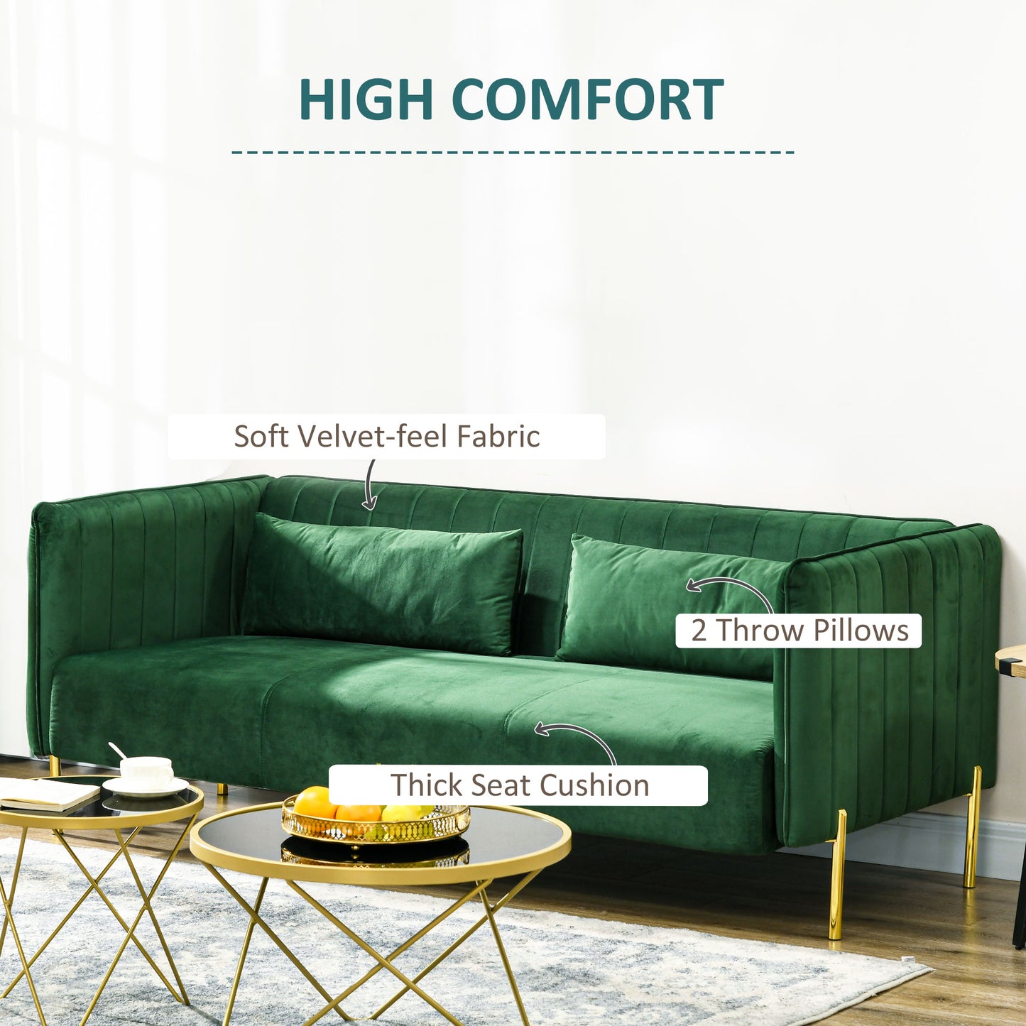 DELUX | 3 Seater Green Velvety Fabric Sofa with padded cushions | 200x88x76 cm - Borgè