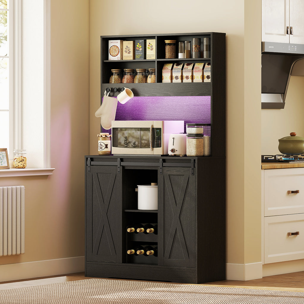 Rustic Tall Kitchen Sideboard with 2 Cabinets, Bottle Rack, Charging Sockets and LED Lights, Black