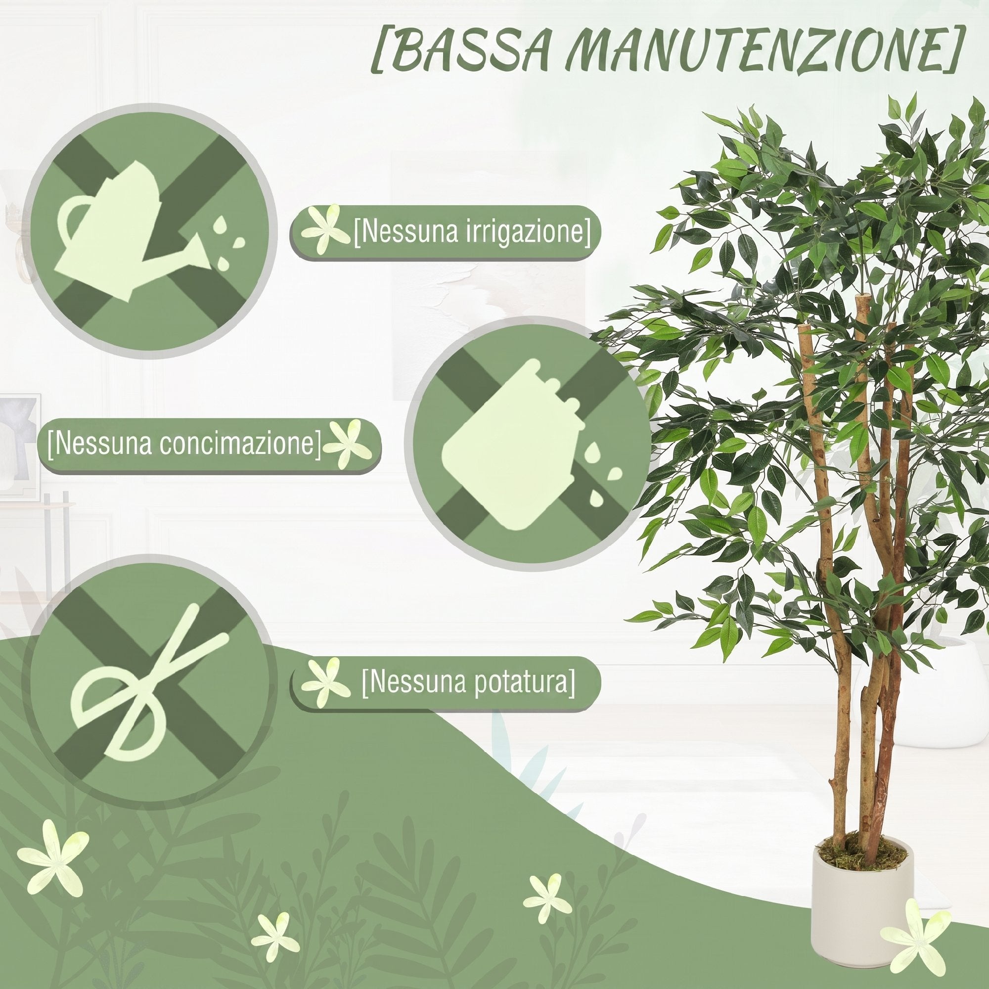 HOMCOM Artificial Banyan Tree Plant in PEVA and Wood with Adjustable Branches and White Container Pot in PP and Cement