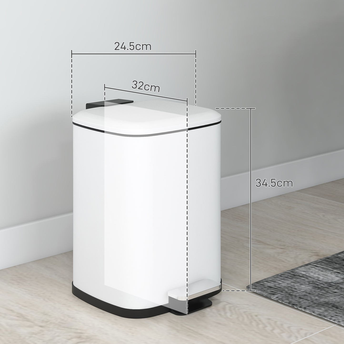 HOMCOM 12L Pedal Waste Bin with Silent Closing, in Metal and PP, 24.5x32x34.5 cm, White