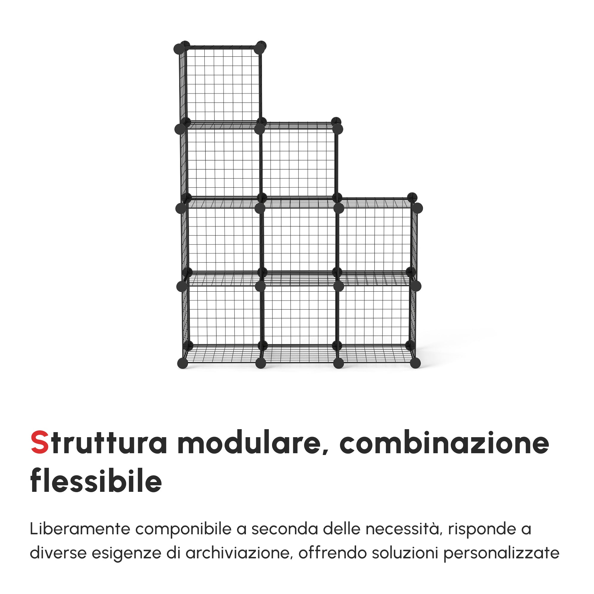 Space-saving bookcase cabinet, 9 mesh cubes with steel and PP panels, 35x35x35 cm, Black