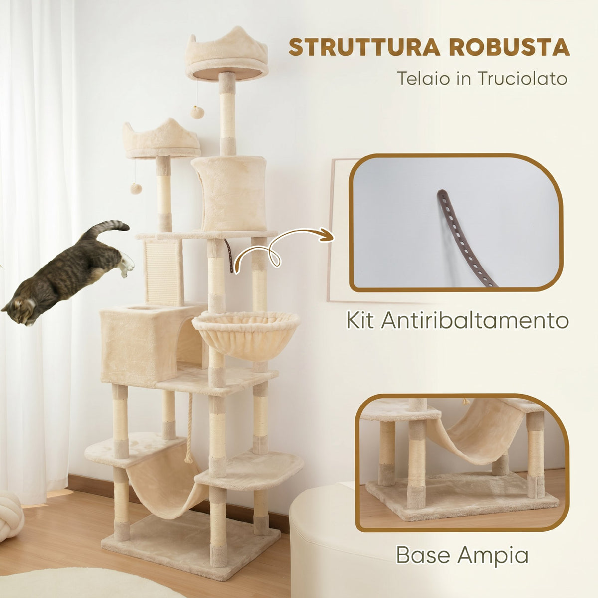 PawHut Cat Scratching Post, 206cm Tall, with 4 Scratching Posts, Caves, Baskets, Hammocks, for 1-3 Kittens 6kg, Beige