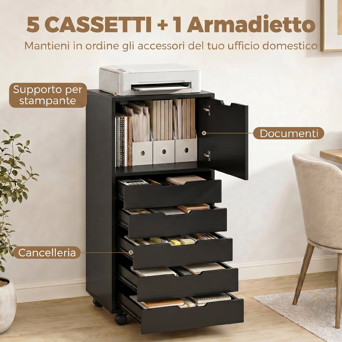 HOMCOM Mobile Printer File Cabinet with 5 Drawers and Wheels, Black
