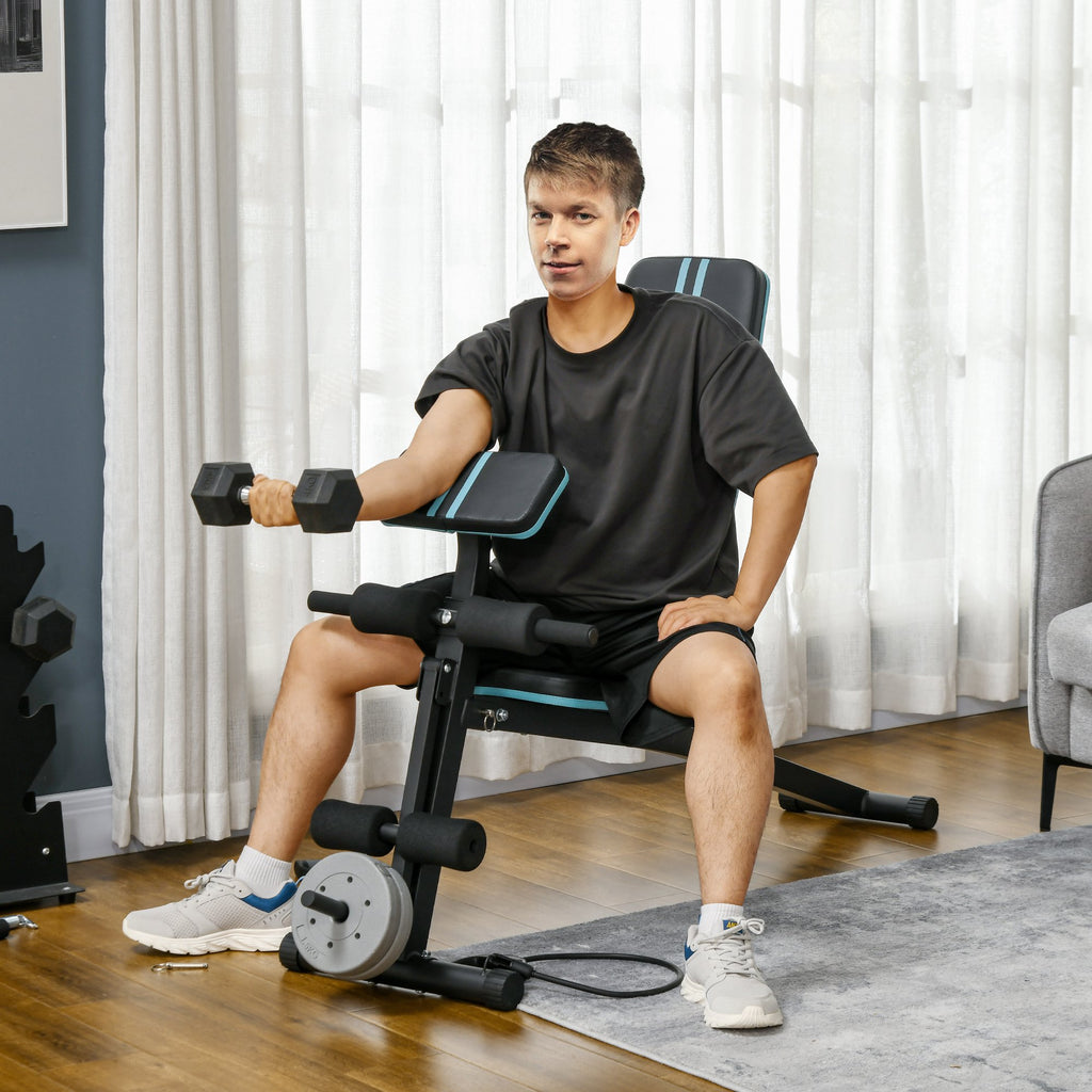 Folding Multifunctional Bench with 7-Level Adjustable Backrest, Leg Extension, Pad and Elastic Bands, Blue