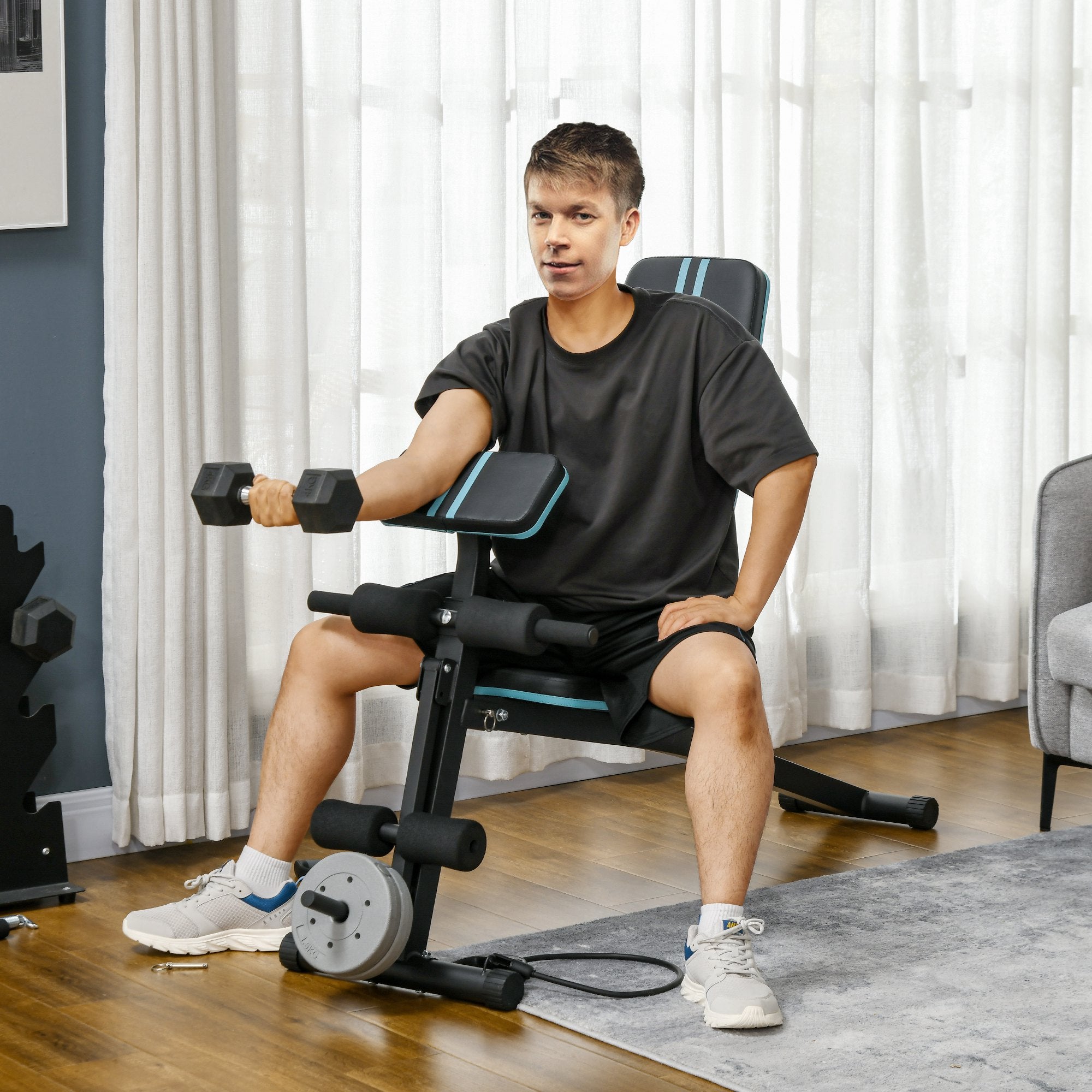 Folding Multifunctional Bench with 7-Level Adjustable Backrest, Leg Extension, Pad and Elastic Bands, Blue