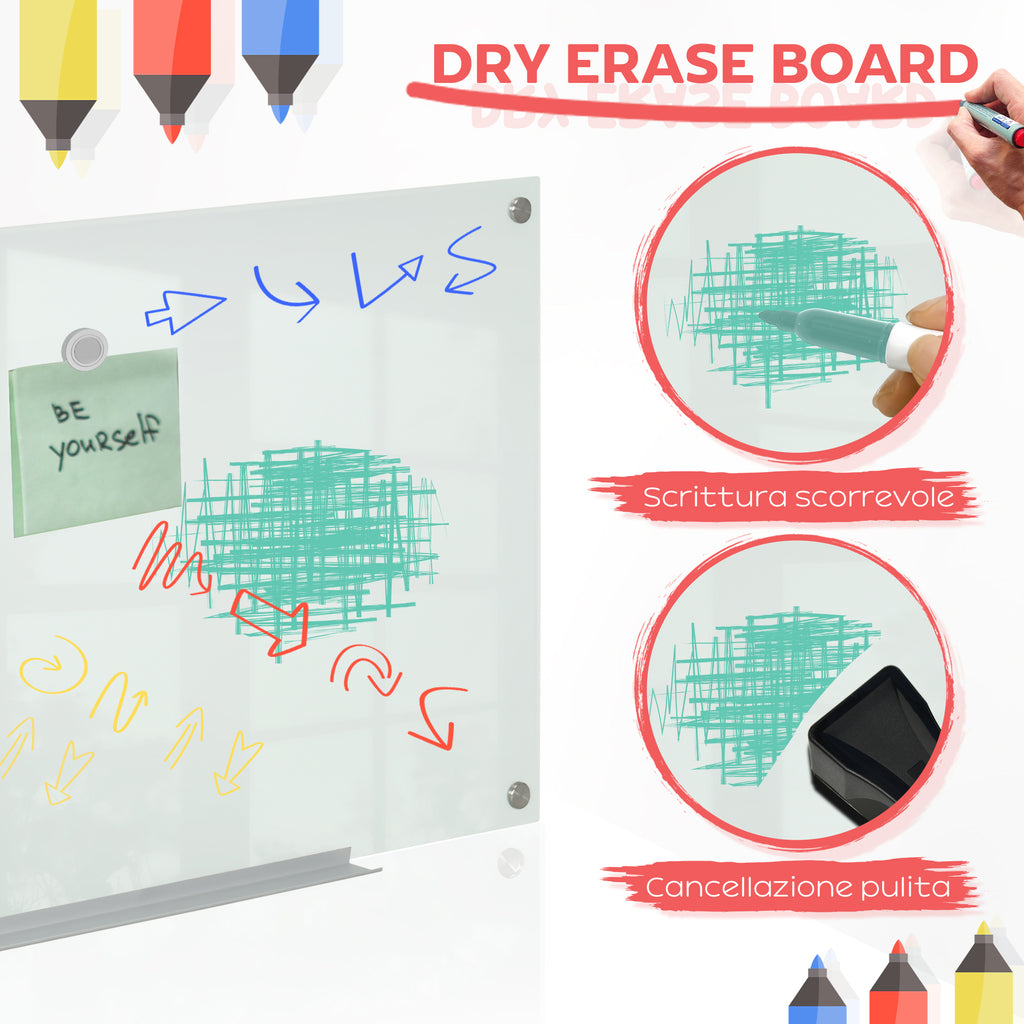 Glass and Aluminum Whiteboard with 4 Colored Markers and Eraser, 90x60x0.4 cm