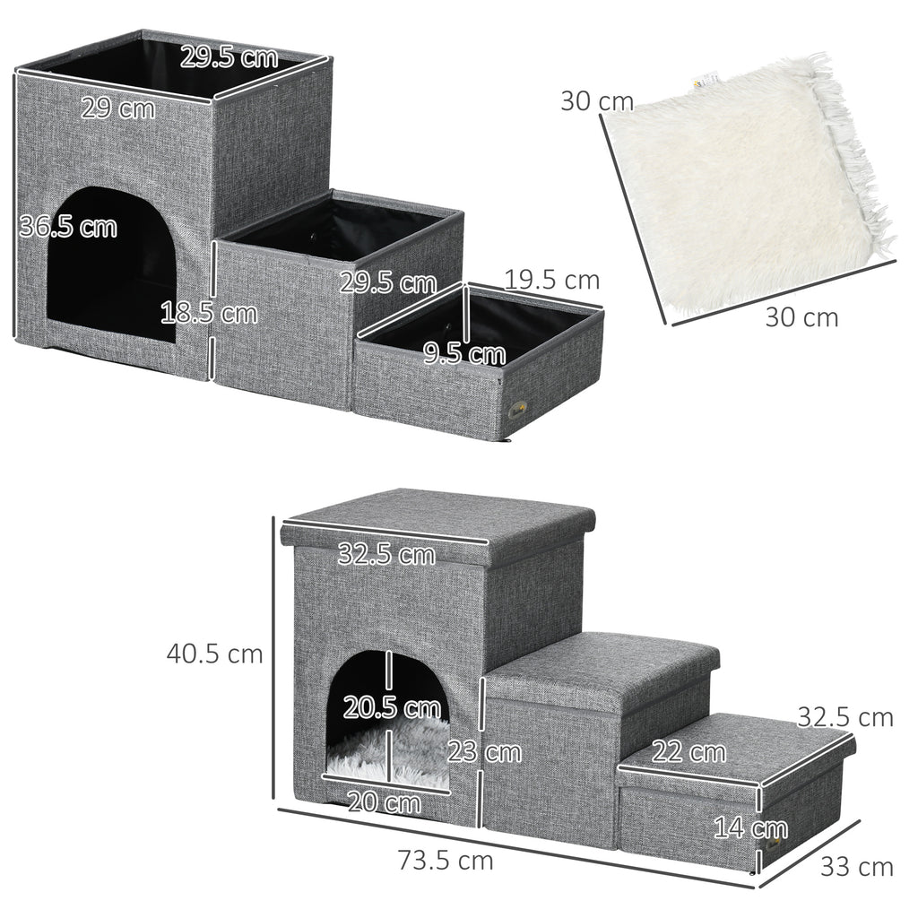 3-Step Dog and Cat Ladder 10kg max with Dog House and Storage Space, 73.5x33x40.5 cm, Grey