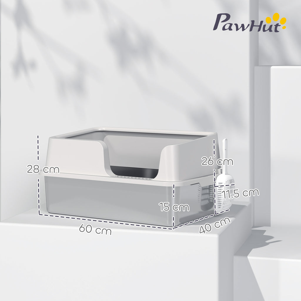 Cat Litter Box with Raised Edges, Tray and Scoop, Stainless Steel and PP, 60x40x28 cm, Light Grey