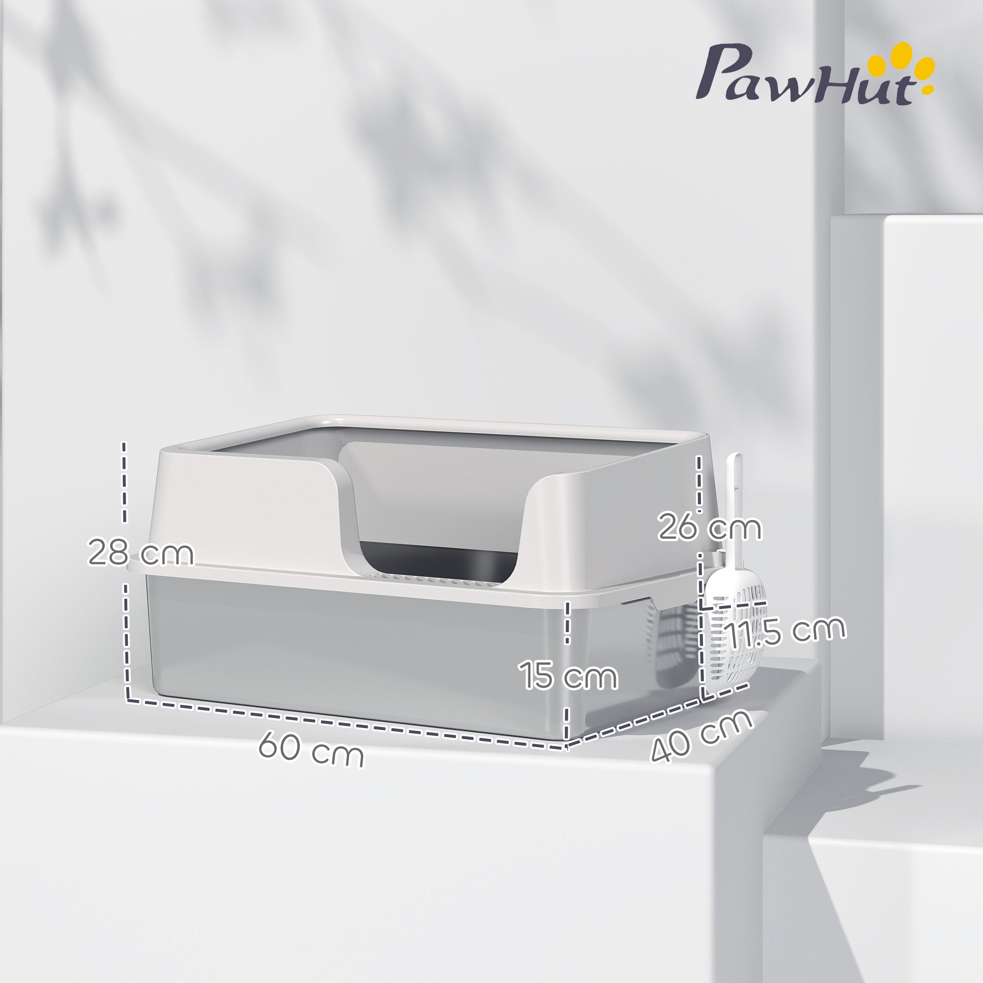 Cat Litter Box with Raised Edges, Tray and Scoop, Stainless Steel and PP, 60x40x28 cm, Light Grey