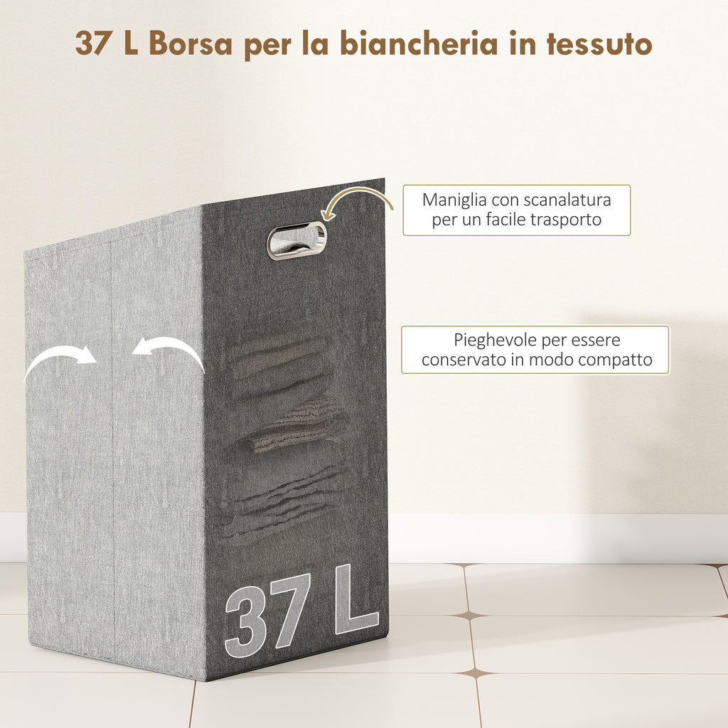 Bamboo and Polyester Bathroom Cabinet with Slatted Base, Laundry Basket and Cabinet, 40x30x95 cm, Grey and Wood