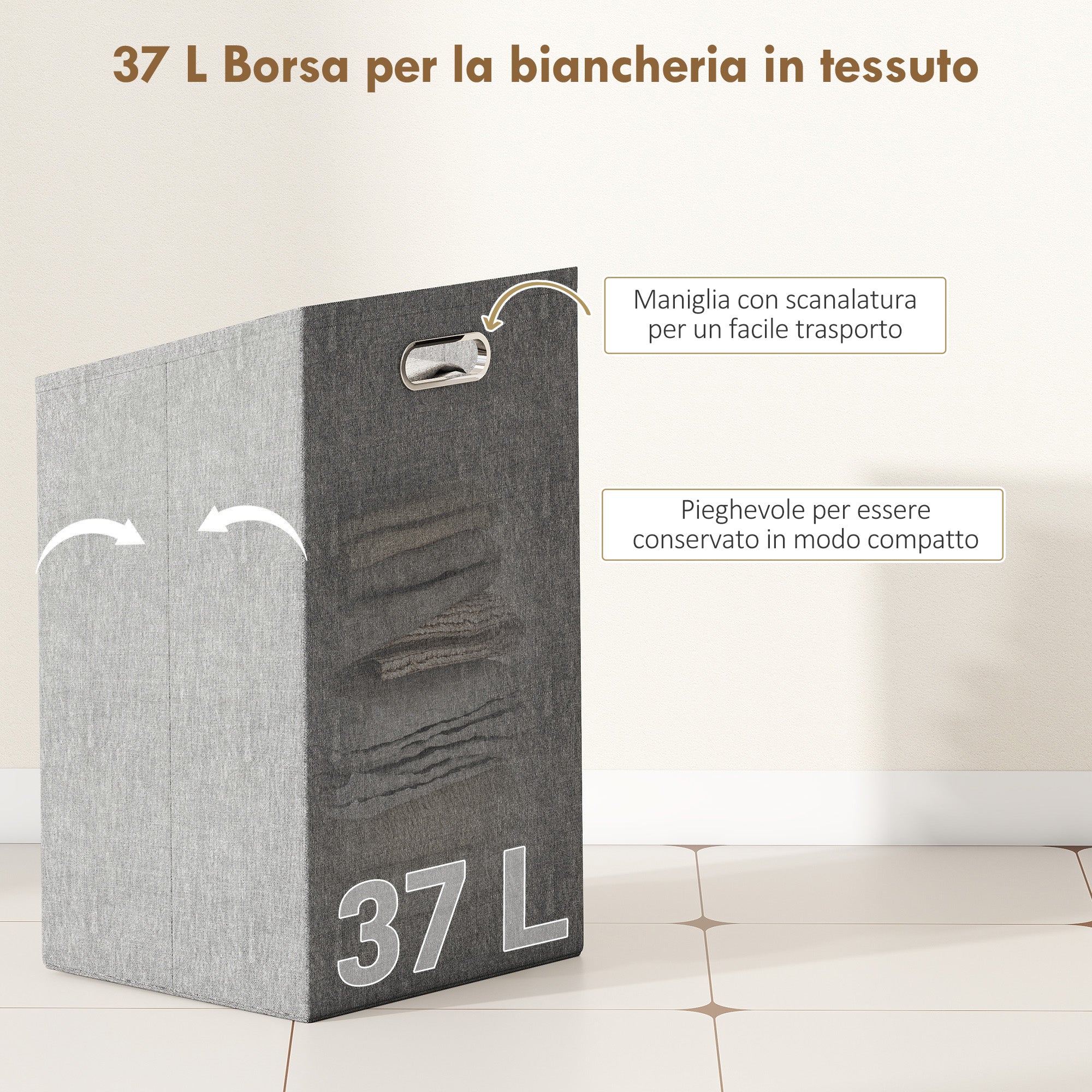 Bamboo and Polyester Bathroom Cabinet with Slatted Base, Laundry Basket and Cabinet, 40x30x95 cm, Grey and Wood