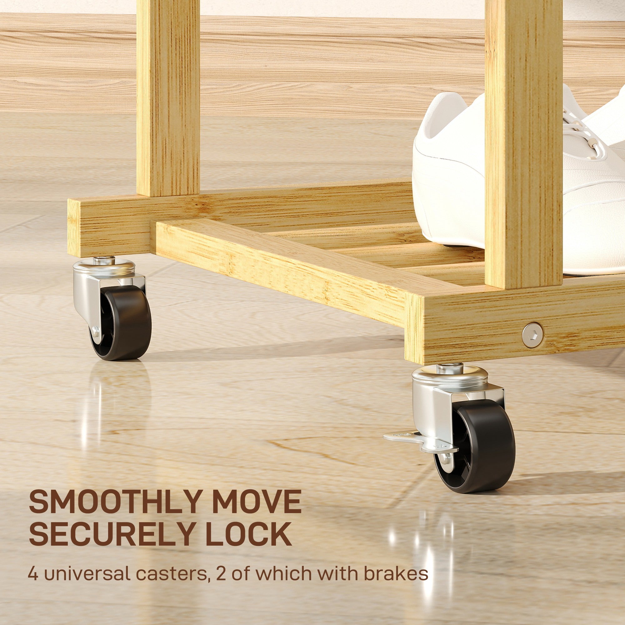Bamboo Clothes Rail with 2 Rails, Lower Shelf and 4 Wheels, 80x40x160 cm, Natural Wood