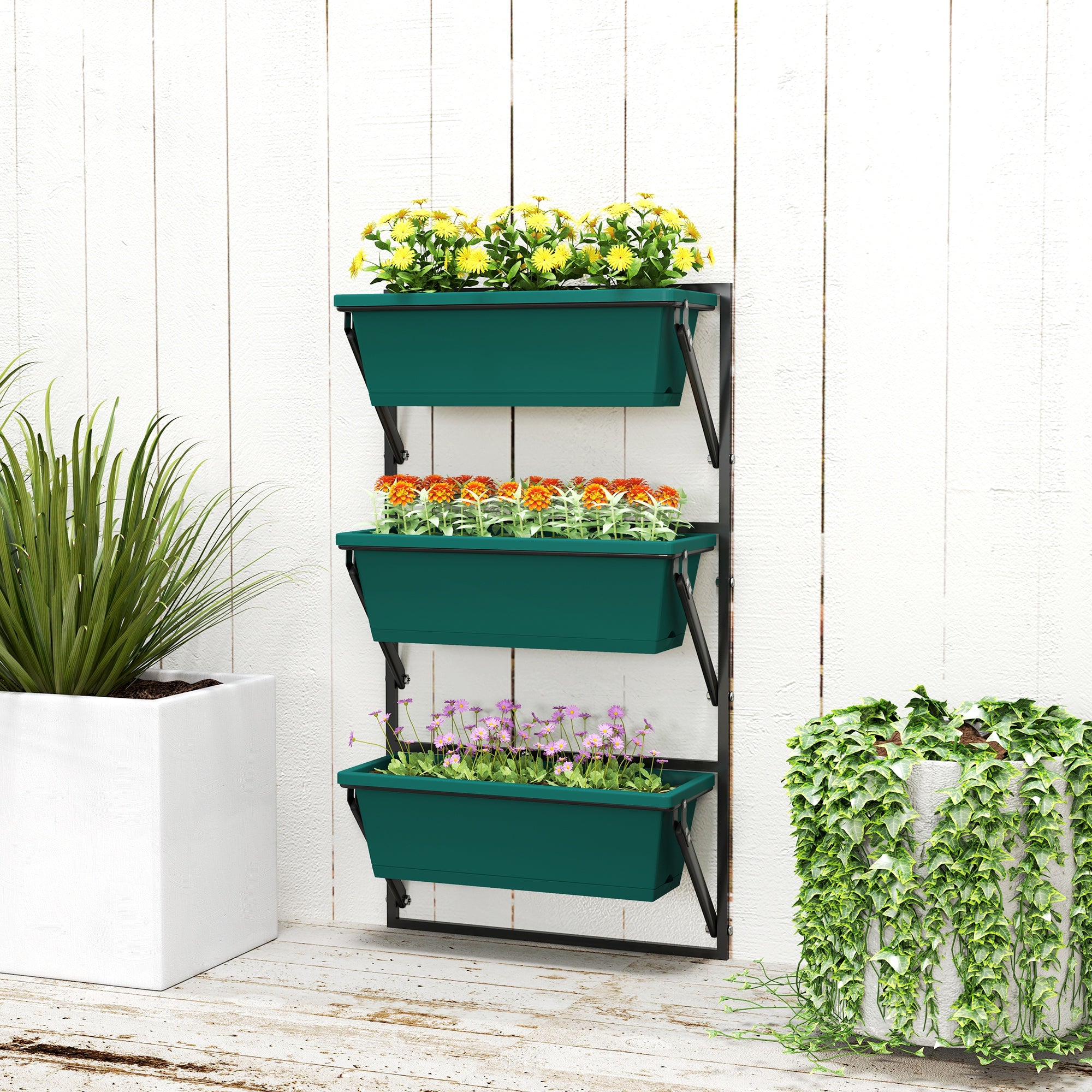 Vertical Outdoor Planter and 3 Plastic Plant Pots with Drainage Holes, 56x42x100 cm, Green