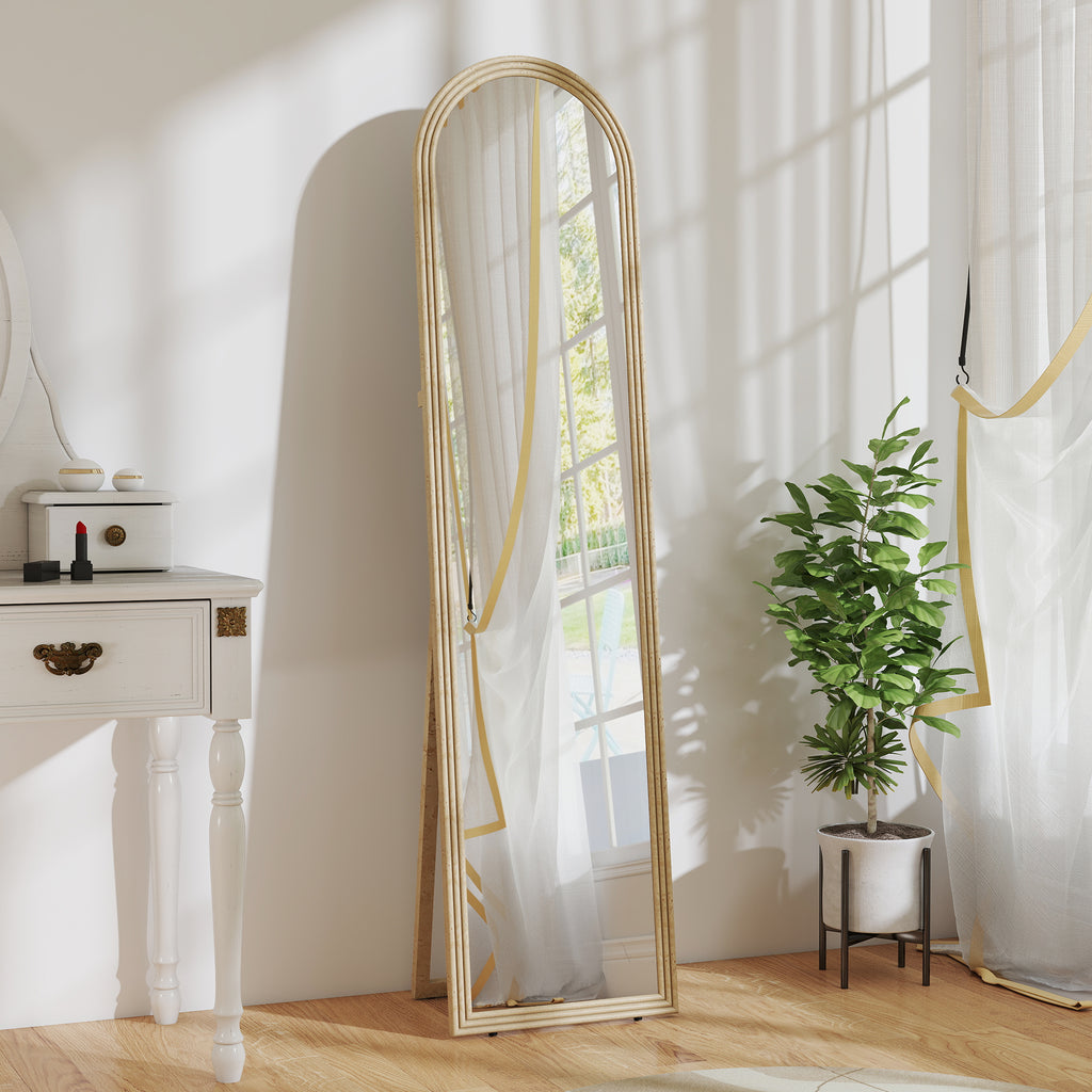 Full-Length Floor and Wall Mirror with Easel, Stone Effect and Arch Shape, 40x160 cm, Beige