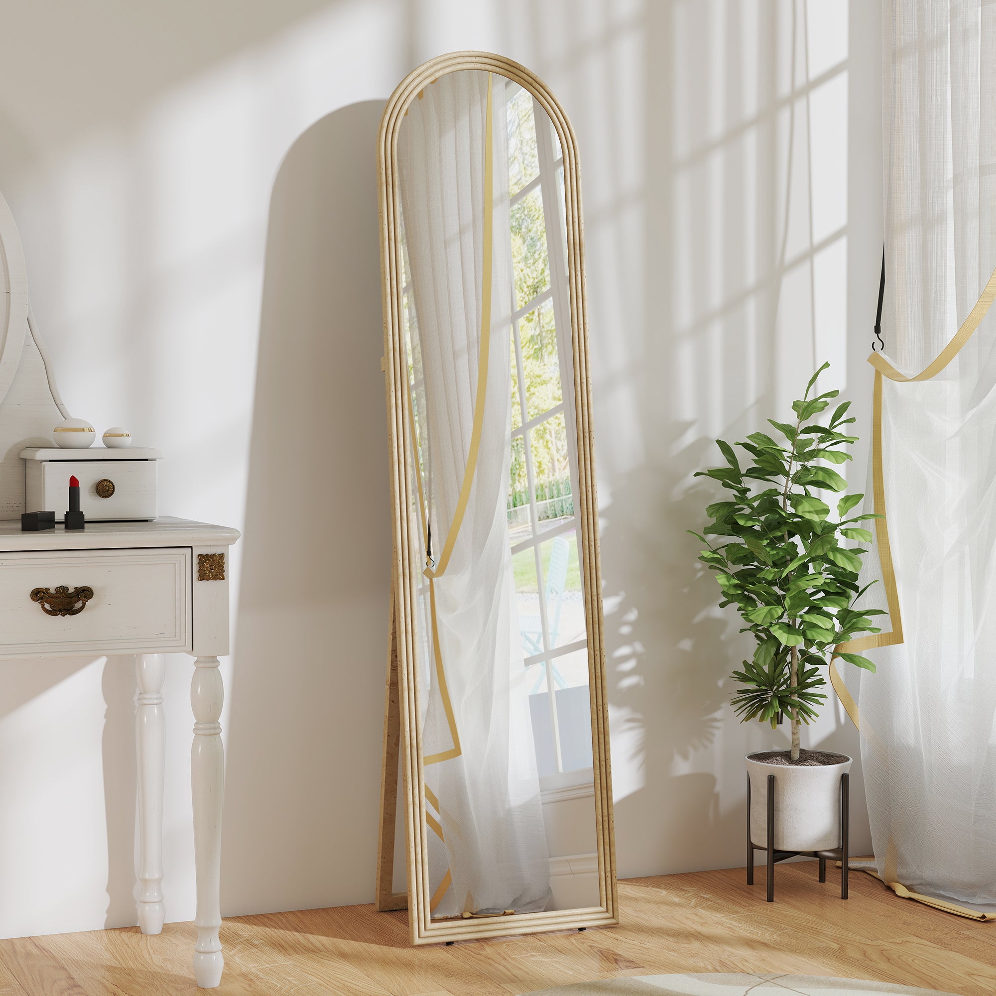 Full-Length Floor and Wall Mirror with Easel, Stone Effect and Arch Shape, 40x160 cm, Beige