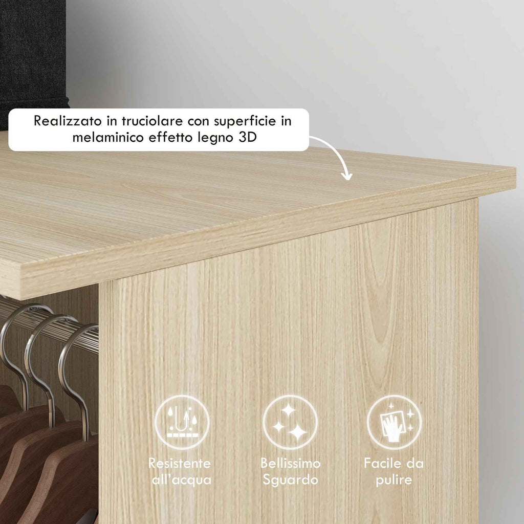HOMCOM Wardrobe with Wheels, 2 Rods, and 3 Open Shelves, Made of Wood and Aluminum, 120x40x128 cm, Wood Color