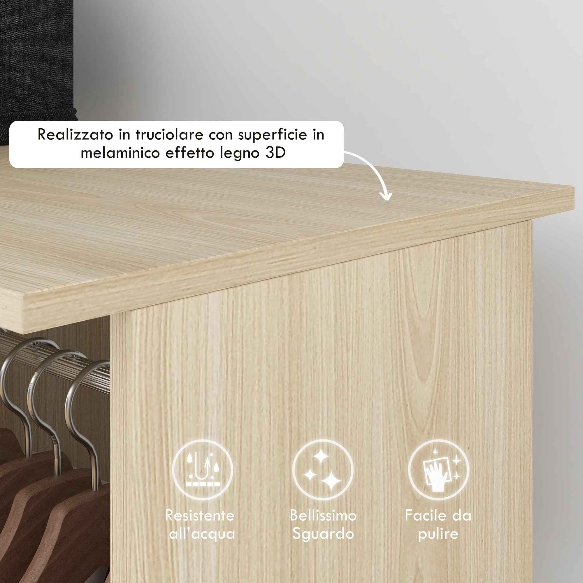HOMCOM Wardrobe with Wheels, 2 Rods, and 3 Open Shelves, Made of Wood and Aluminum, 120x40x128 cm, Wood Color