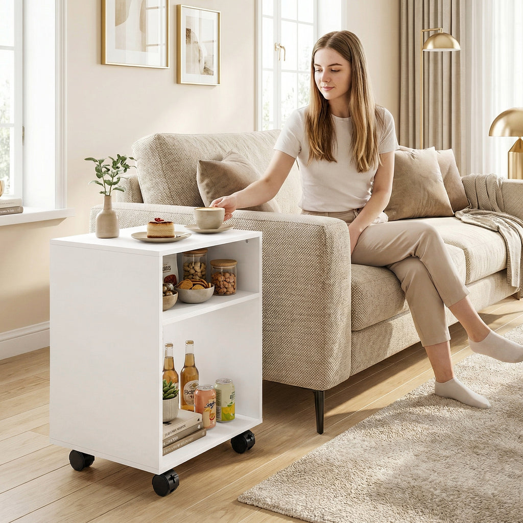 HOMCOM Wooden Printer Stand with Braked Wheels and 2 Open Compartments, 40x35x55 cm, for Office Study, White